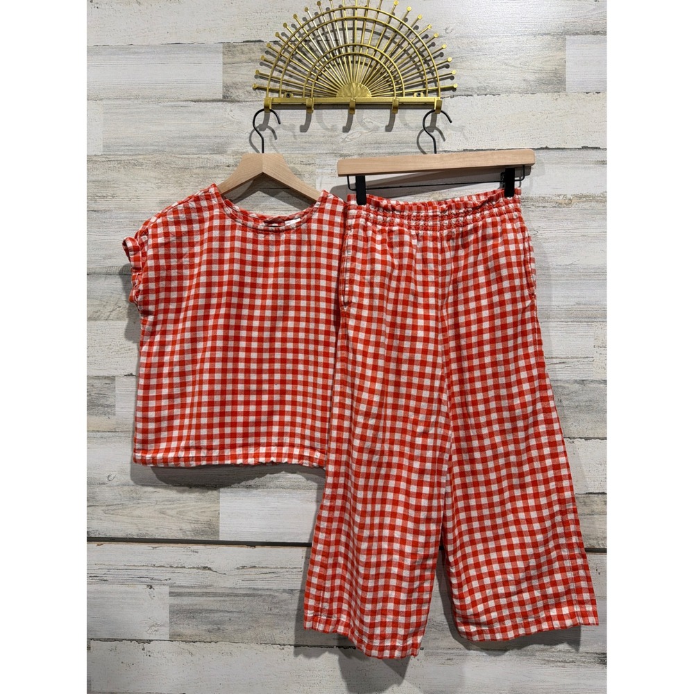 Hanna Andersson Linen Set Girls 12 Red Gingham Check Two Piece *Flawed